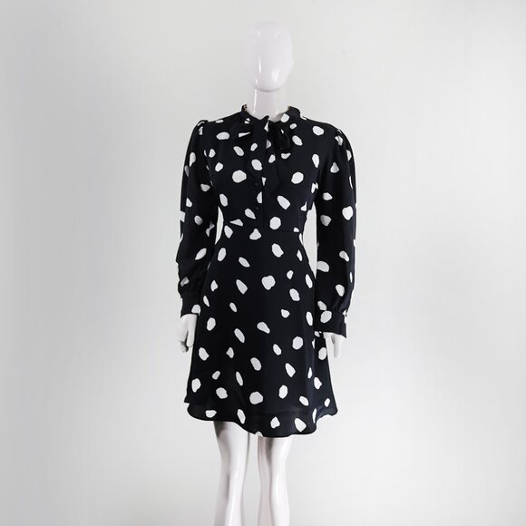 Elegant Tie-Neck Black & White Polka Dot Mini Dress - Picture 1 of 5